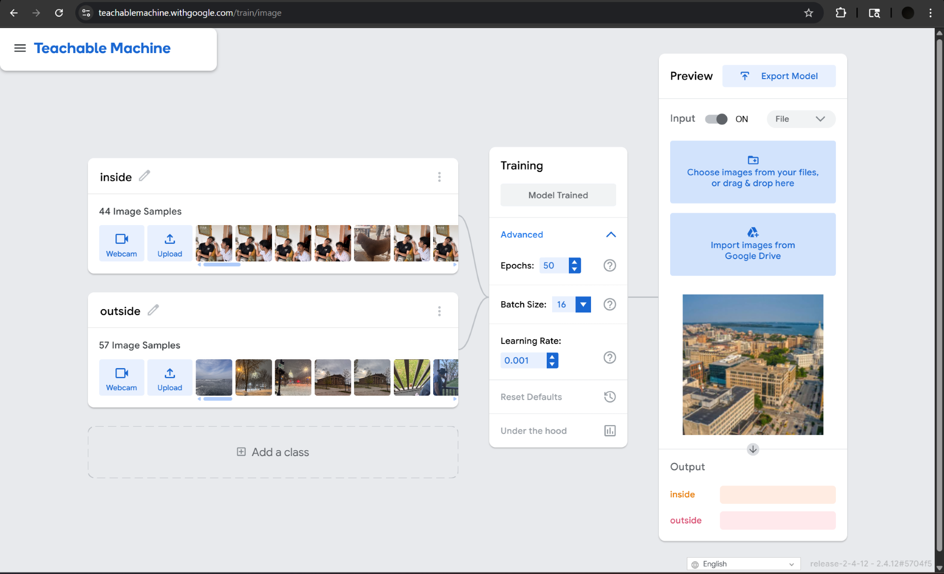 Matt's Teachable Machine training panel showing Inside (44 samples) and Outside (57 samples) classes with Model Trained status and a live outdoor preview