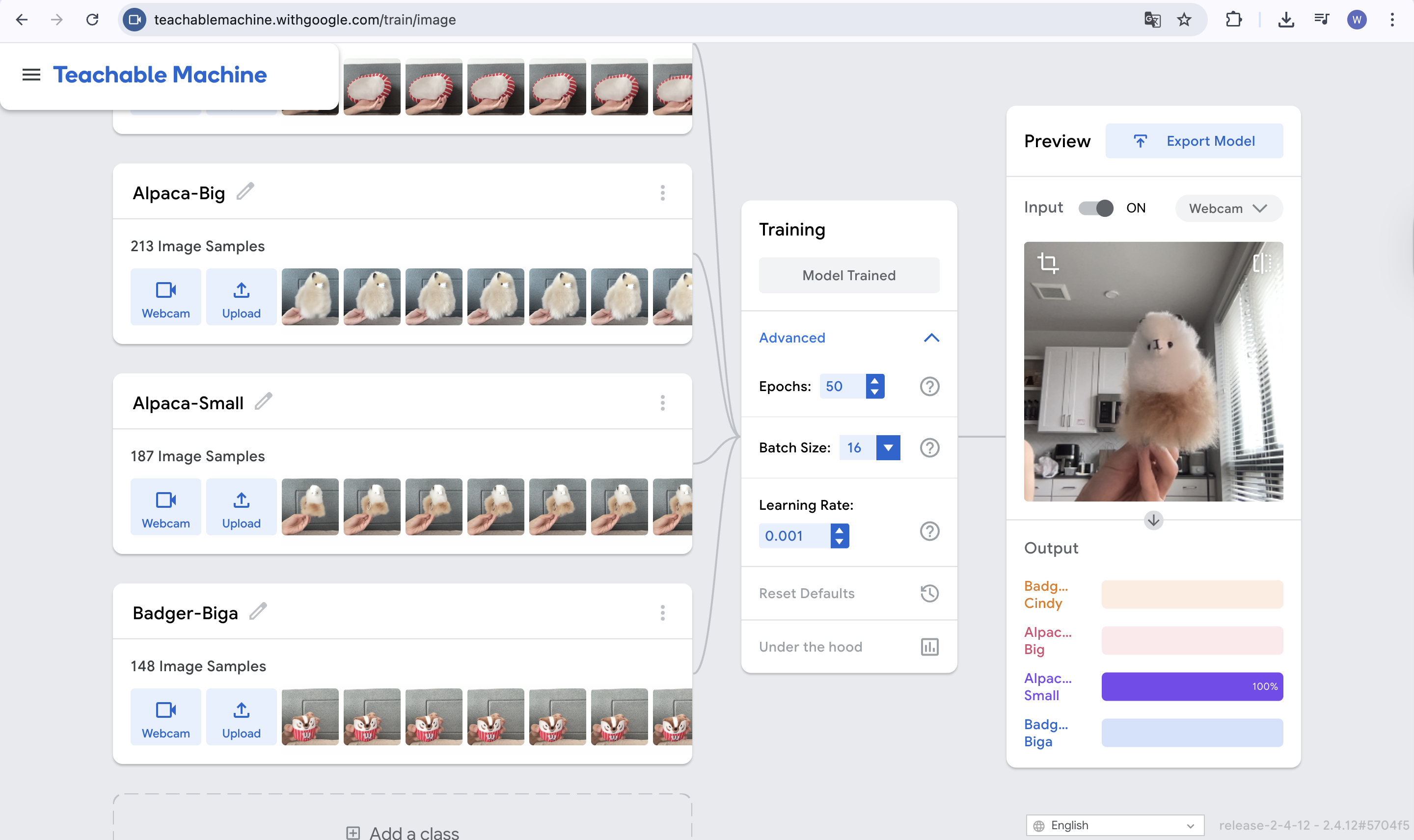 Wuziyang's Teachable Machine training panel showing Alpaca-Big (213), Alpaca-Small (187), and Badger-Biga (148) classes with a live animal preview